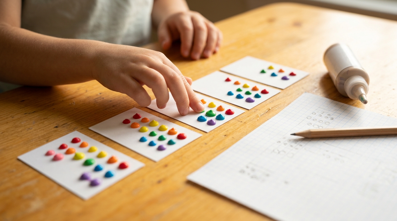 Things invented by kids: small hands touching cards with raised rainbow puffy paint dots