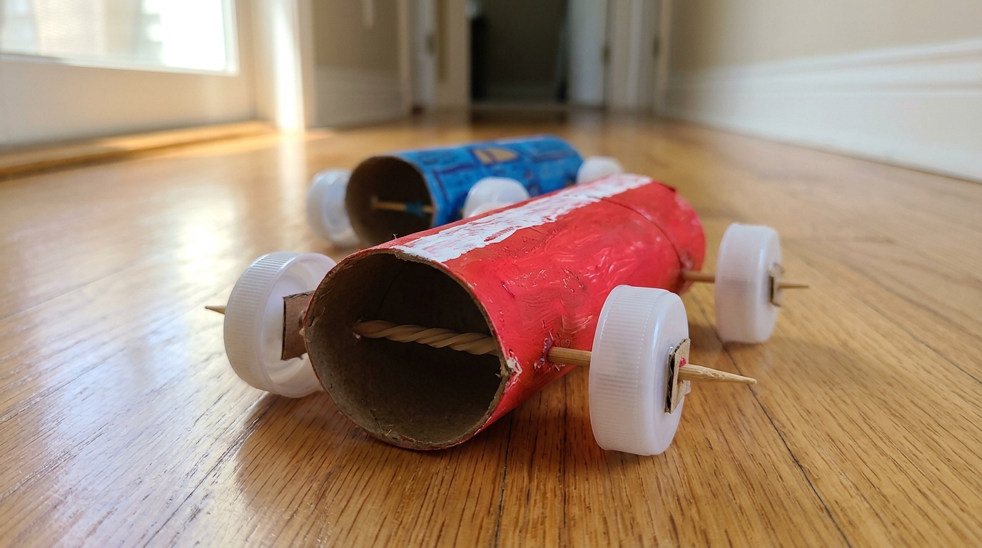 Two cardboard tube rubber band cars with bottle cap wheels on a wooden floor