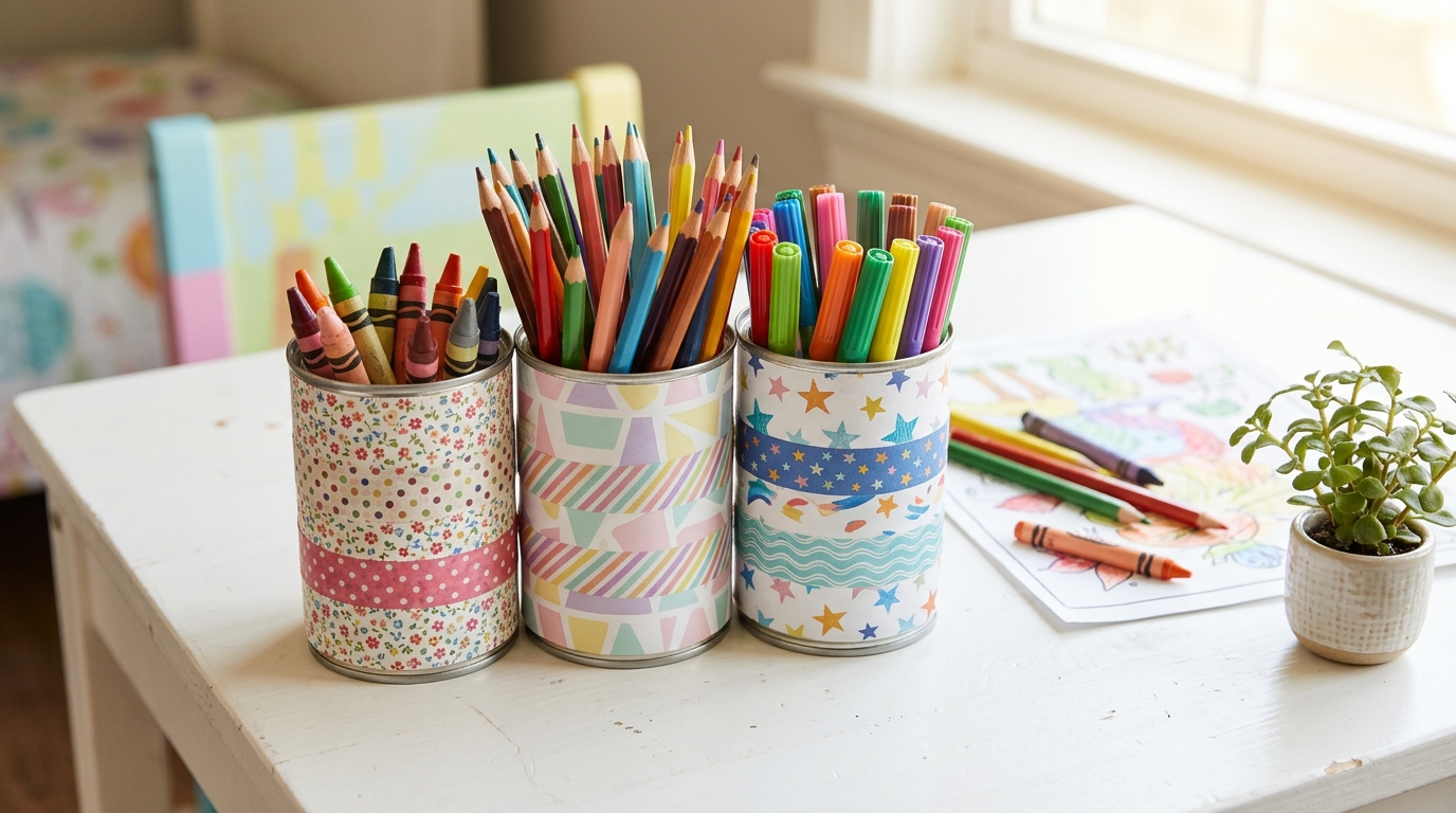 Three paper wrapped tin cans holding crayons and colored pencils on a kids desk