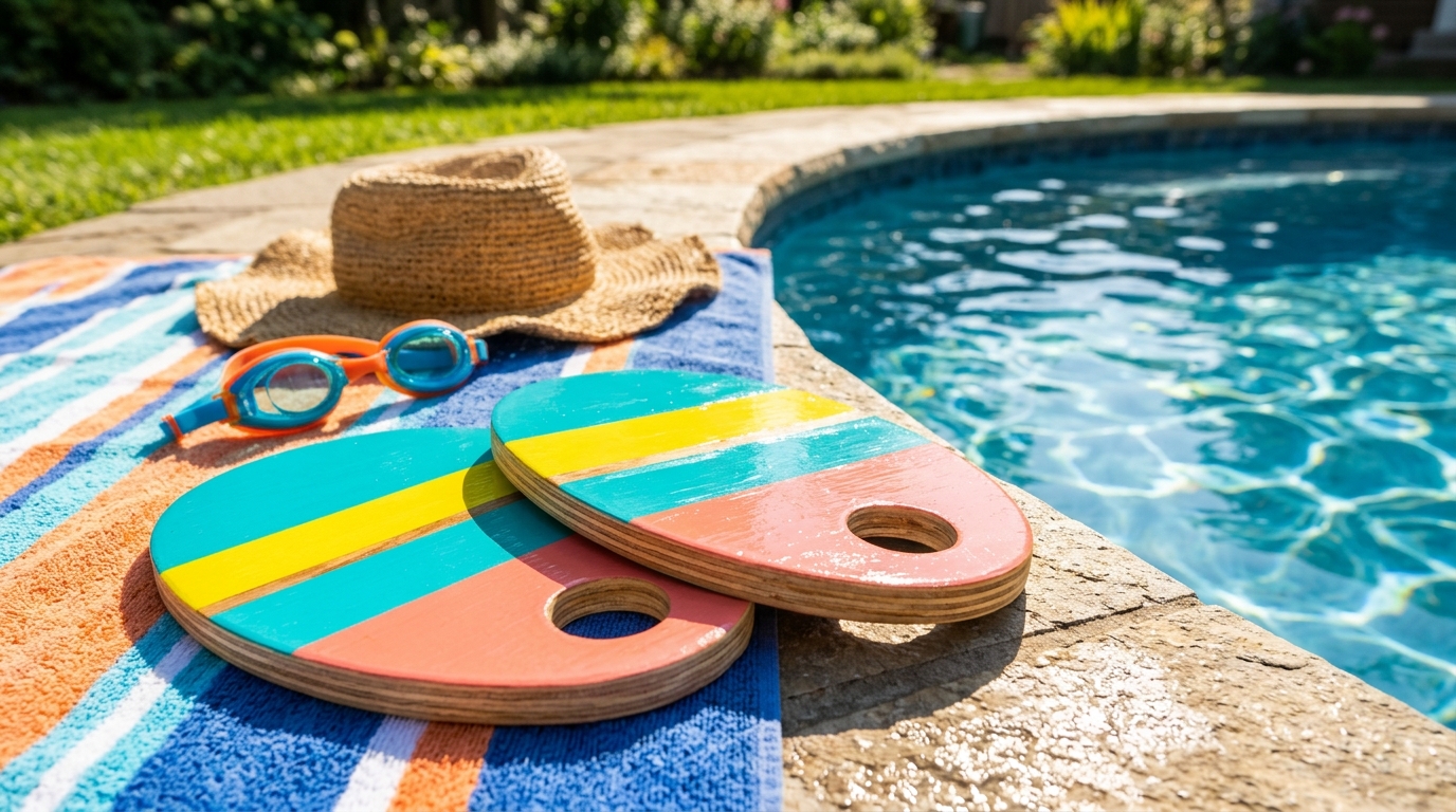 Things invented by kids: two striped painted wooden swim paddles on a towel by a pool