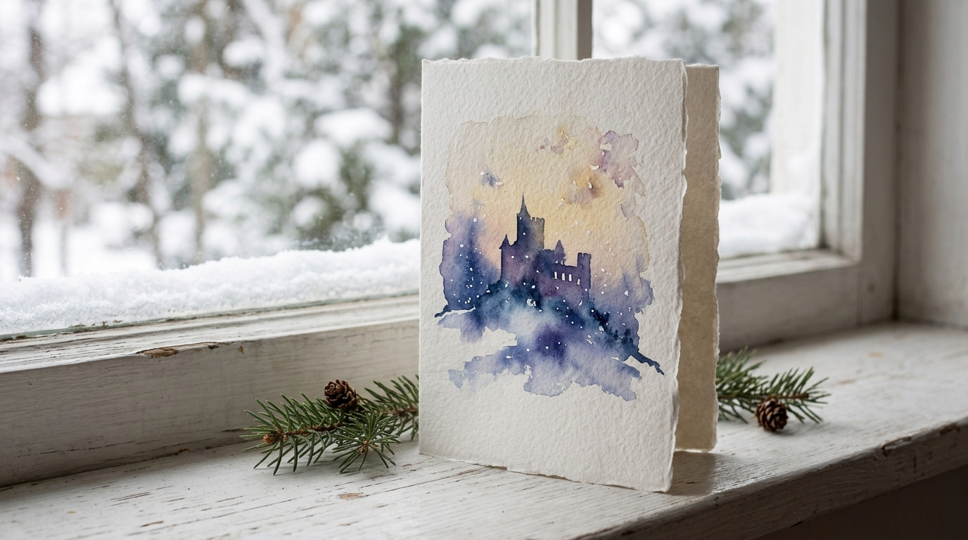 King Charles Watercolors style Christmas card of a stone castle silhouette on a snowy hill at dusk