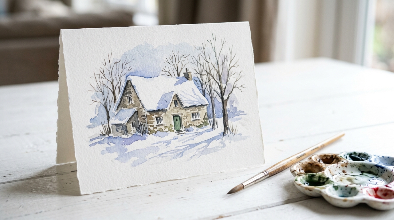 King Charles Watercolors inspired Christmas card of a stone country cottage with a snowy roof and a green door