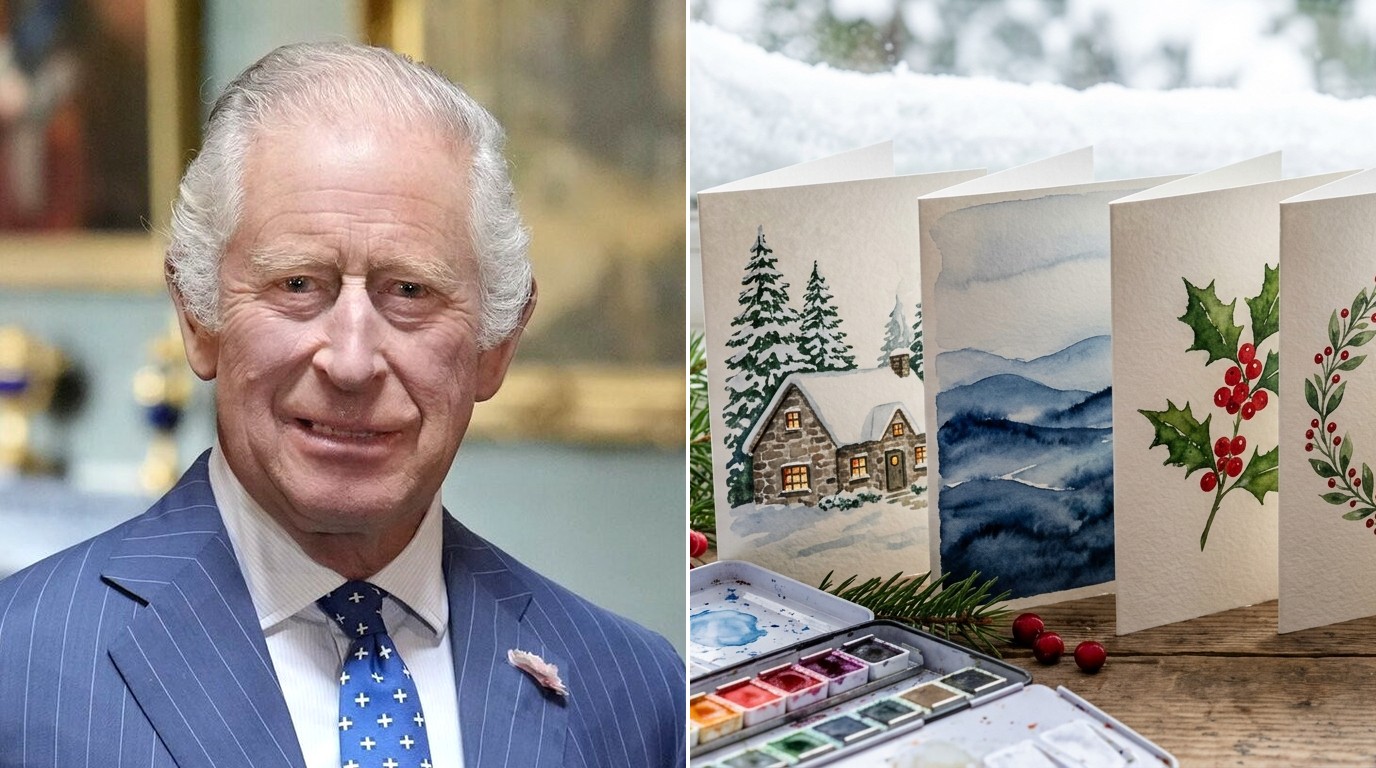 King Charles Watercolors side by side with hand painted Christmas cards of a snowy cottage, winter hills and holly beside a paint tin