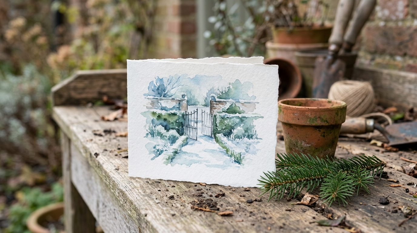 Hand painted card of a frosty walled country garden with clipped hedges and an iron gate on a potting bench
