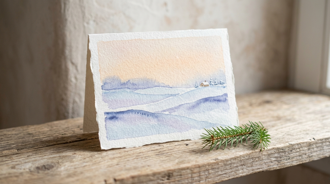 Hand painted Christmas card of layered blue and lavender winter hills under a peach sky with a tiny farmhouse