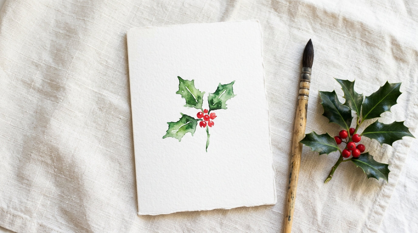 Hand painted card of a single holly sprig with three green leaves and bright red berries beside a round brush