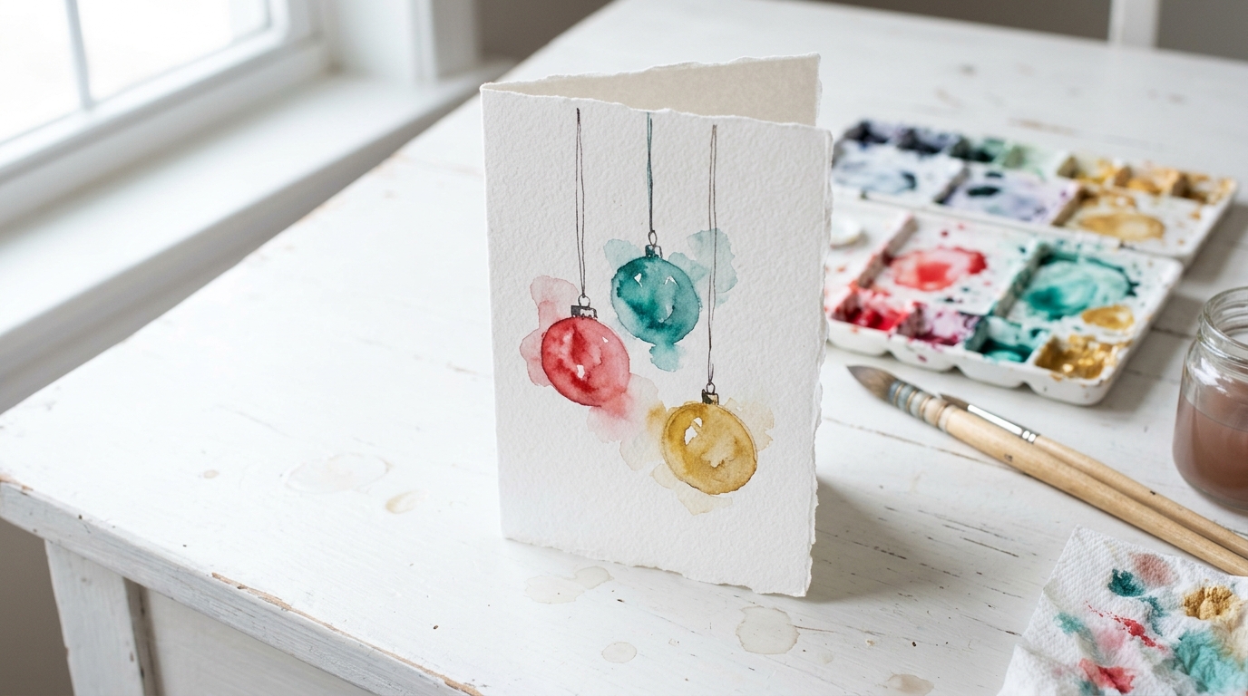 Hand painted card of three loose round baubles in red, teal and gold hanging from thin painted strings