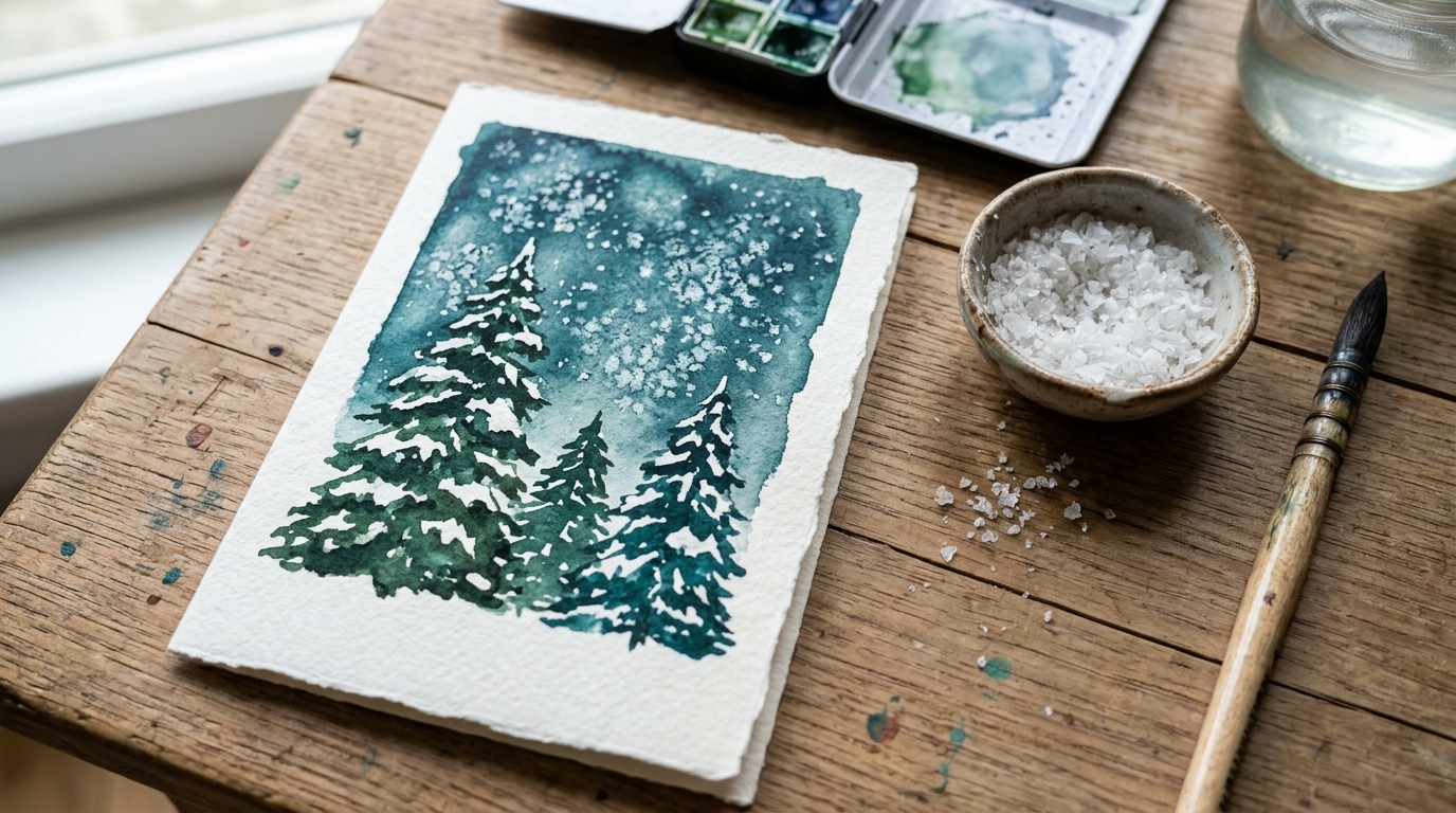 Hand painted card of three snowy pine trees in deep green and teal with a speckled salt texture sky