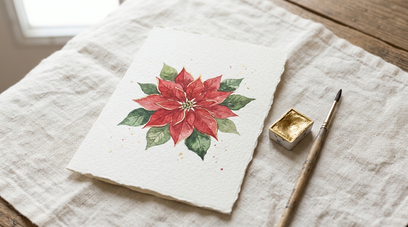 Hand painted card of a red poinsettia with green leaves and thin shiny gold accents on the petal edges