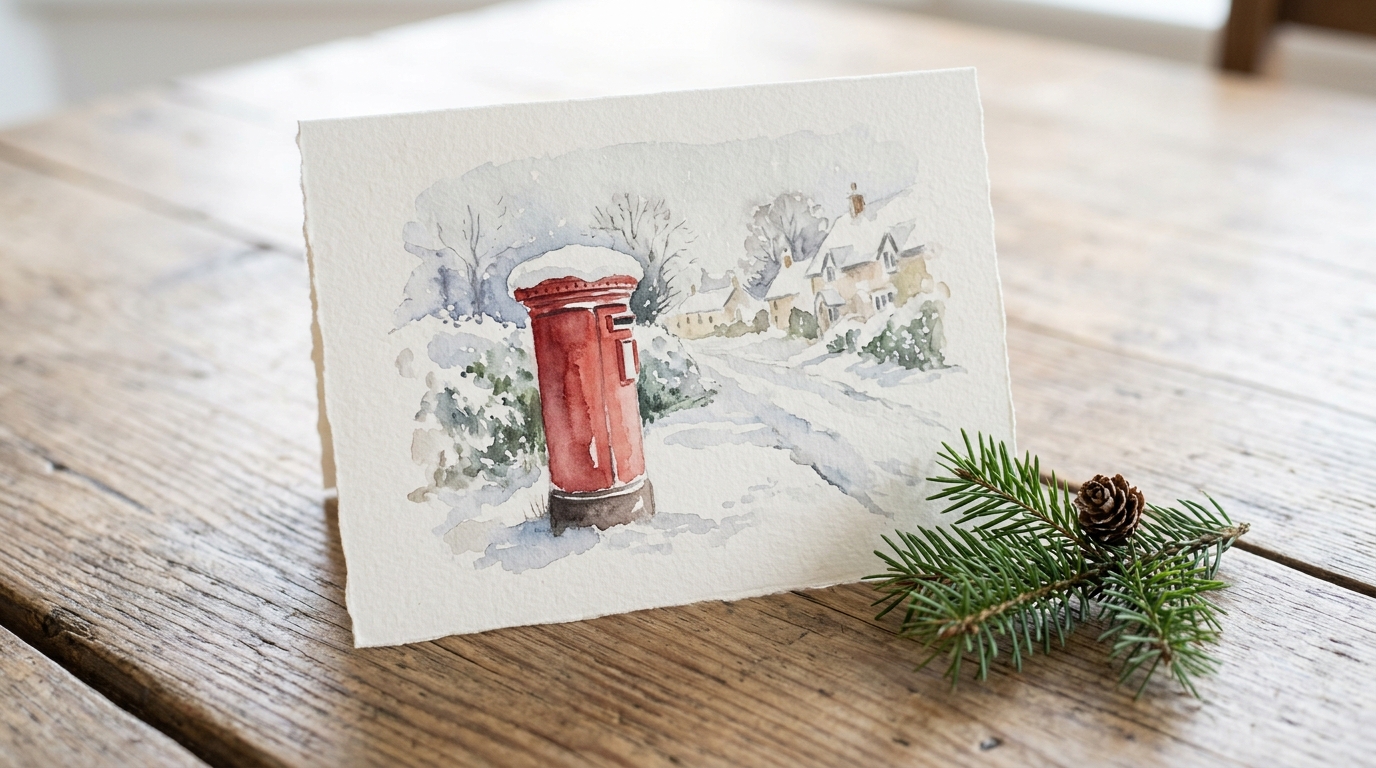 King Charles Watercolors fan Christmas card of a plain red pillar post box topped with snow in a village lane