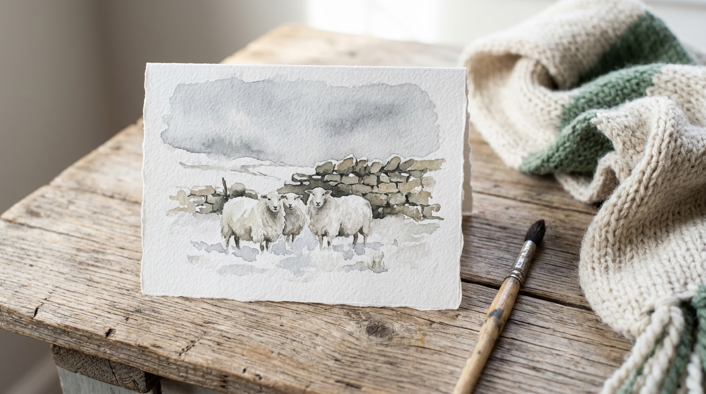 King Charles Watercolors mood Christmas card of two fluffy white sheep in a snowy field by a stone wall