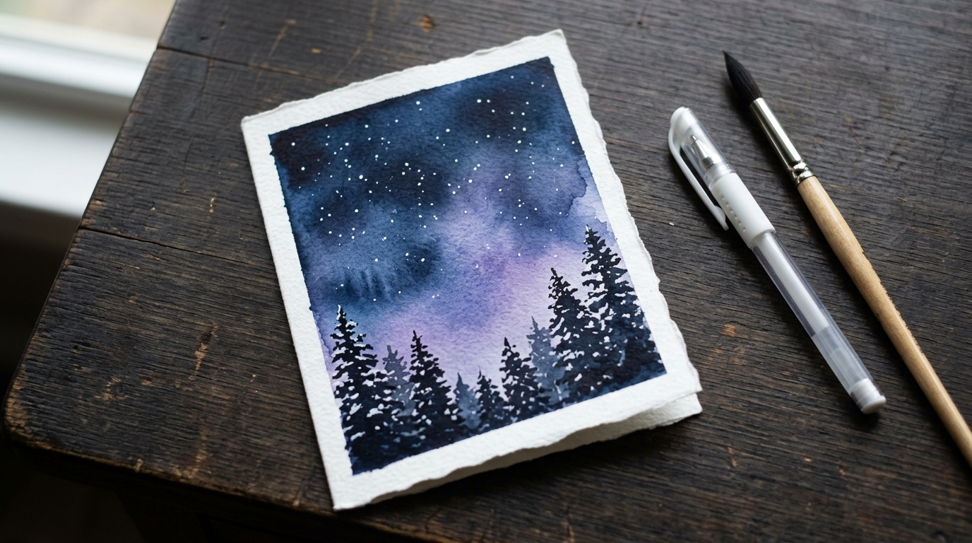 Hand painted card of a navy and violet night sky with tiny white stars above dark snowy pine trees