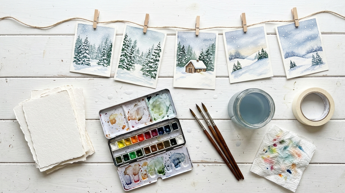 King Charles Watercolors tips flat lay of paper, a paint palette, round brushes and painted cards drying on twine