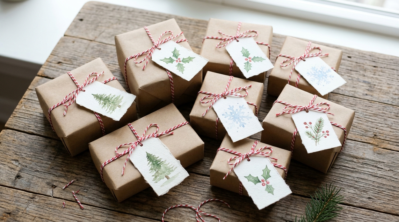 Small hand painted gift tags with holly, pine trees and snowflakes tied with red twine to kraft paper gifts