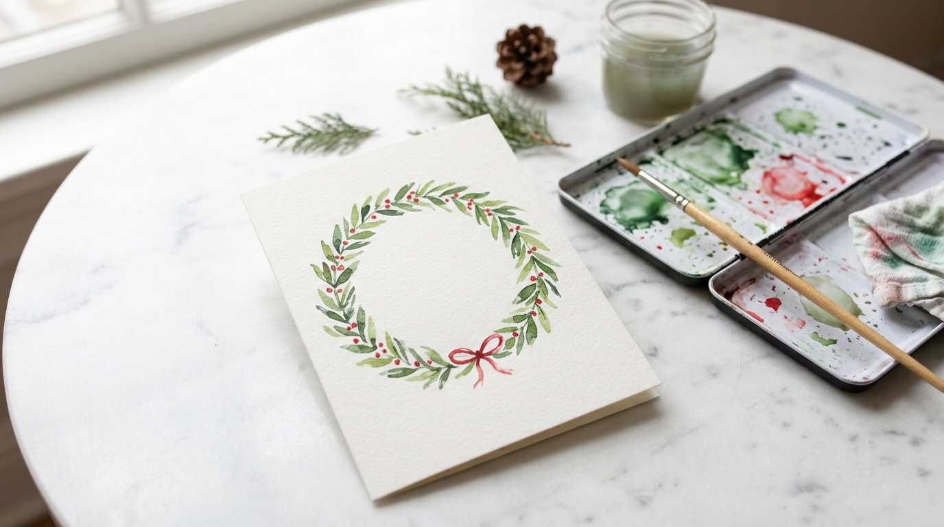 Hand painted card of a loose green leaf wreath with red berry dots and a small red bow on a marble table