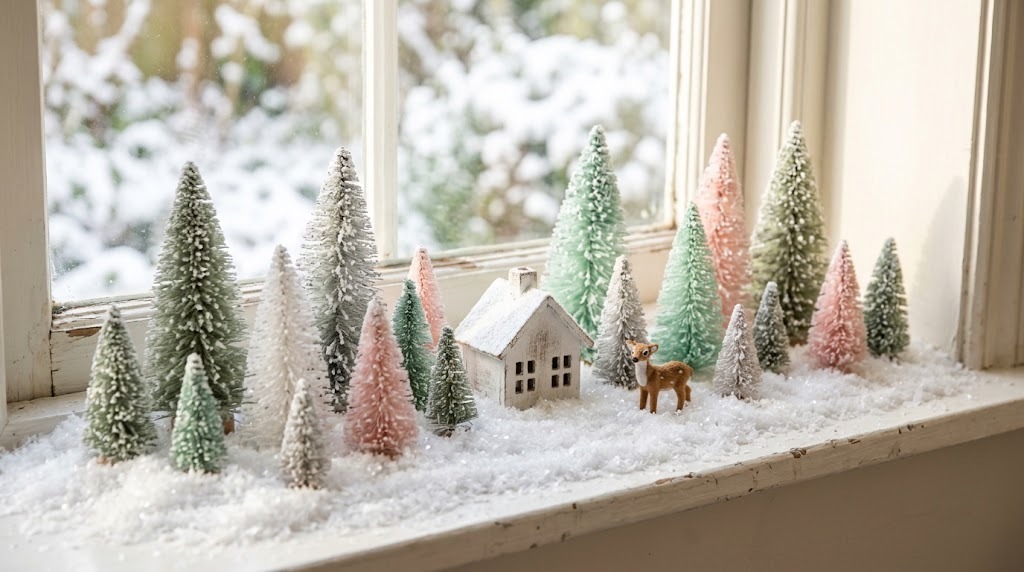 Bottle brush tree forest in green and white on a windowsill
