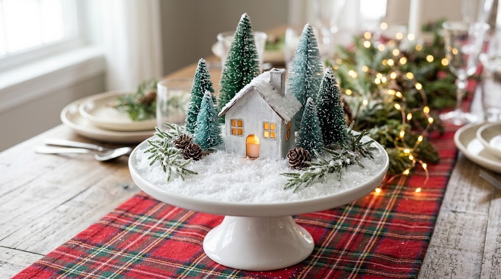 Thomas Kinkade Christmas centerpiece on a cake stand with a tiny glowing cottage