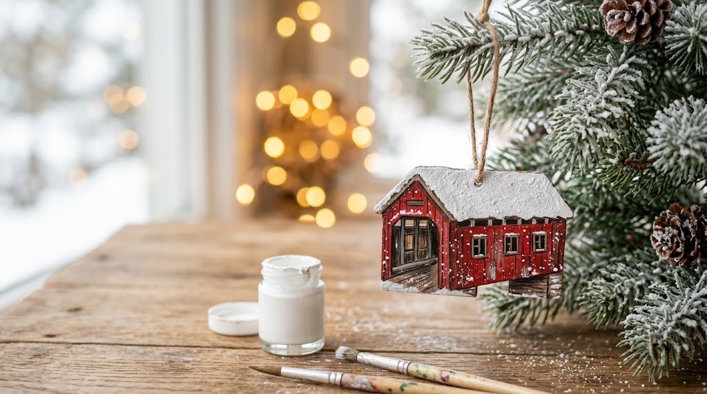 Thomas Kinkade Christmas style hand painted covered bridge wooden ornament