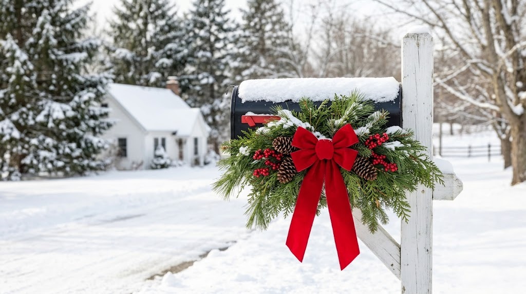 Thomas Kinkade Christmas mailbox swag with pine, berries and a red velvet bow