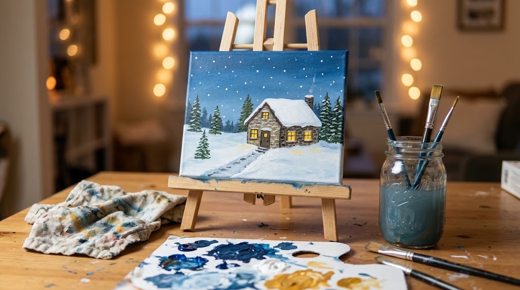 Thomas Kinkade Christmas style beginner painting of a snowy cottage on an easel