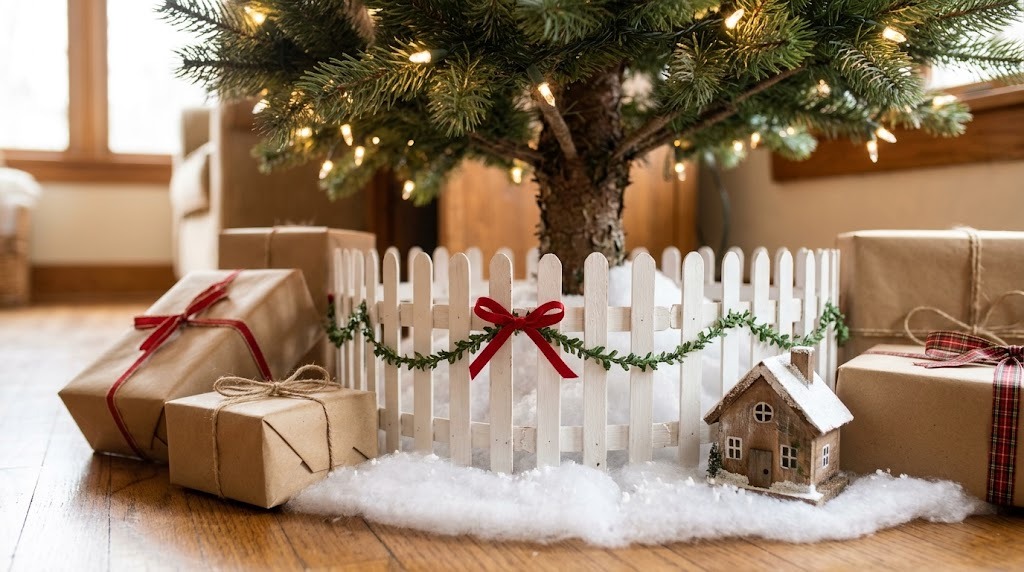White craft stick picket fence tree collar with tiny garland under a Christmas tree