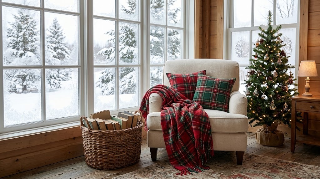 Cozy reading nook with a plaid throw blanket and pillows for winter