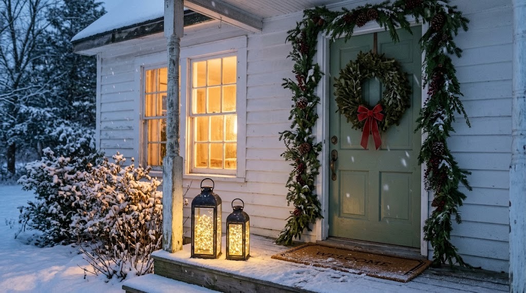 Cottage porch with lanterns holding battery lights, garland and a wreath on a green door
