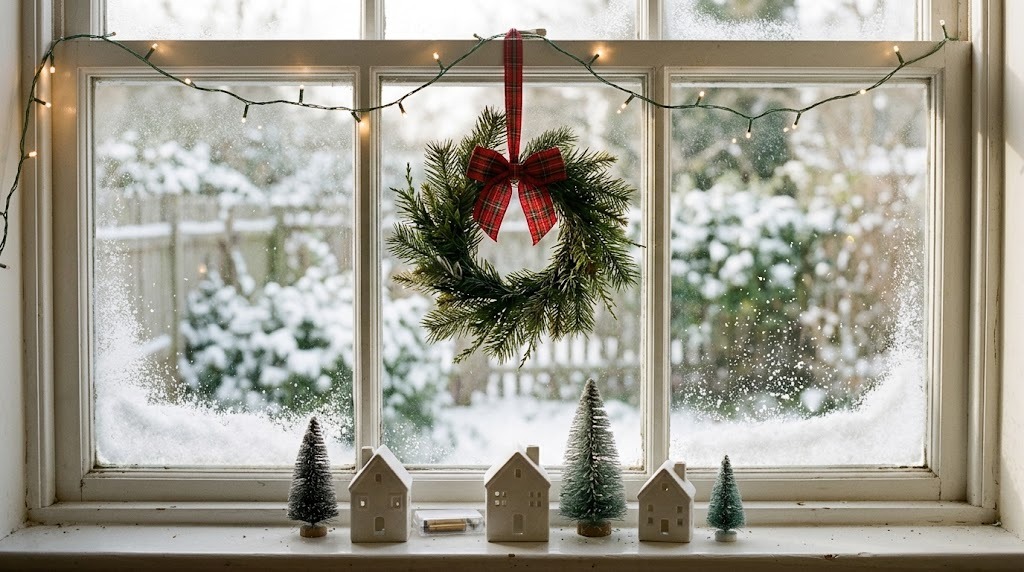 Cottage window with faux snow corners, battery fairy lights and a small wreath