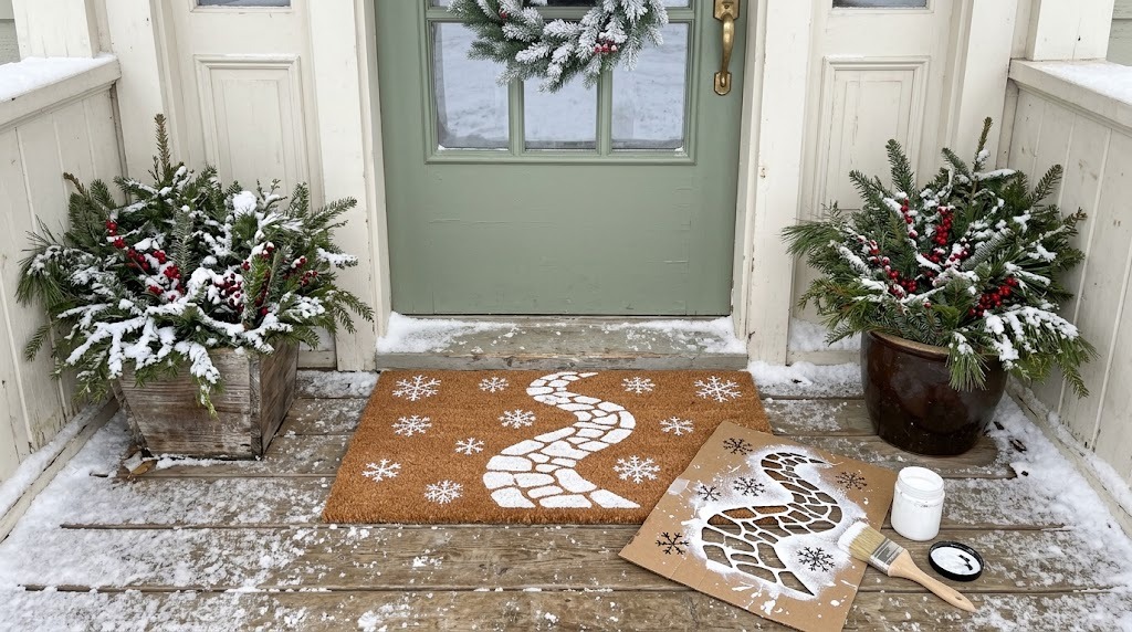 Coir doormat stenciled with a white stone path and snowflakes on a porch