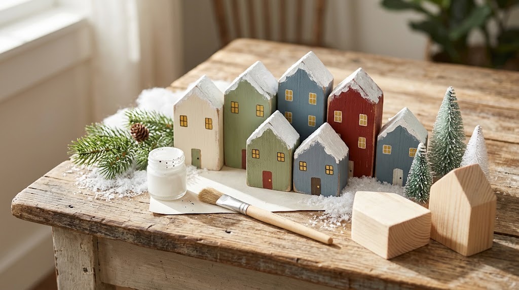 Painted wood block village houses with snowy roofs on a farmhouse table