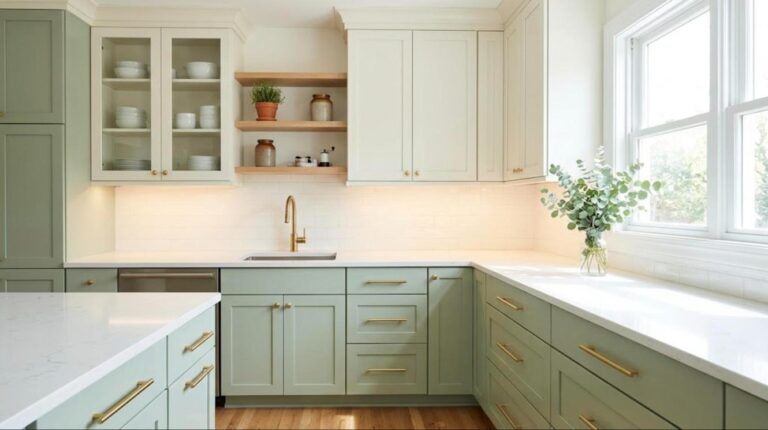 Kitchen cabinet makeovers: freshly painted sage green and cream shaker cabinets with brass pulls, glass doors and open wood shelves