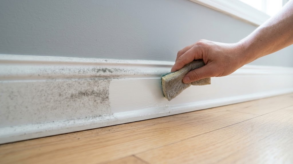 Kitchen sponge hacks: a damp sponge wiping dust off a white baseboard