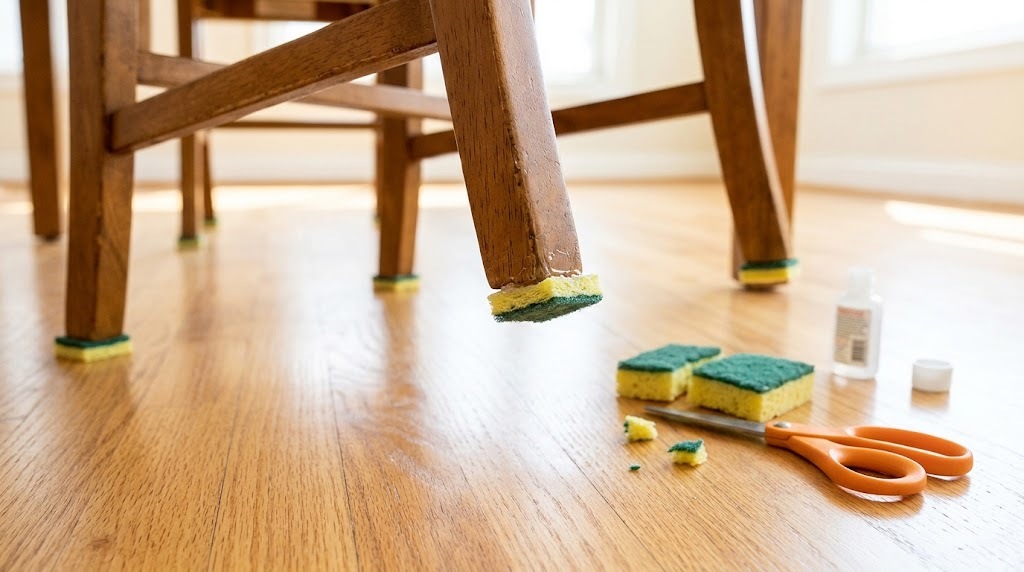 Kitchen sponge hacks: sponge pads glued under wooden chair legs on a hardwood floor