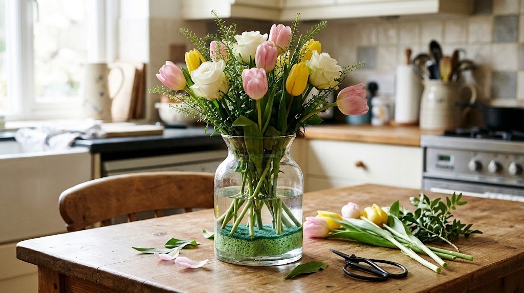 Tulips and roses standing upright in a glass vase held by a sponge