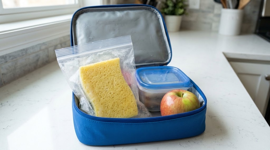 Frozen sponge sealed in a zip bag as an ice pack in a lunch box