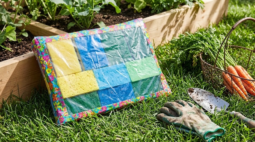 Garden kneeling pad made of sponges in a taped plastic bag beside a raised bed