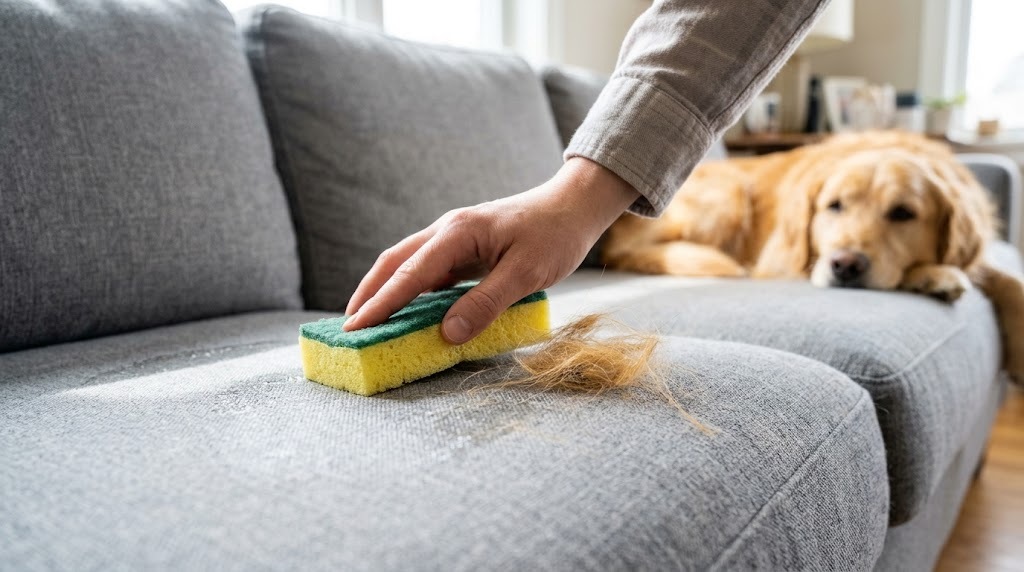 Kitchen sponge hacks: a damp sponge lifting dog hair off a gray couch