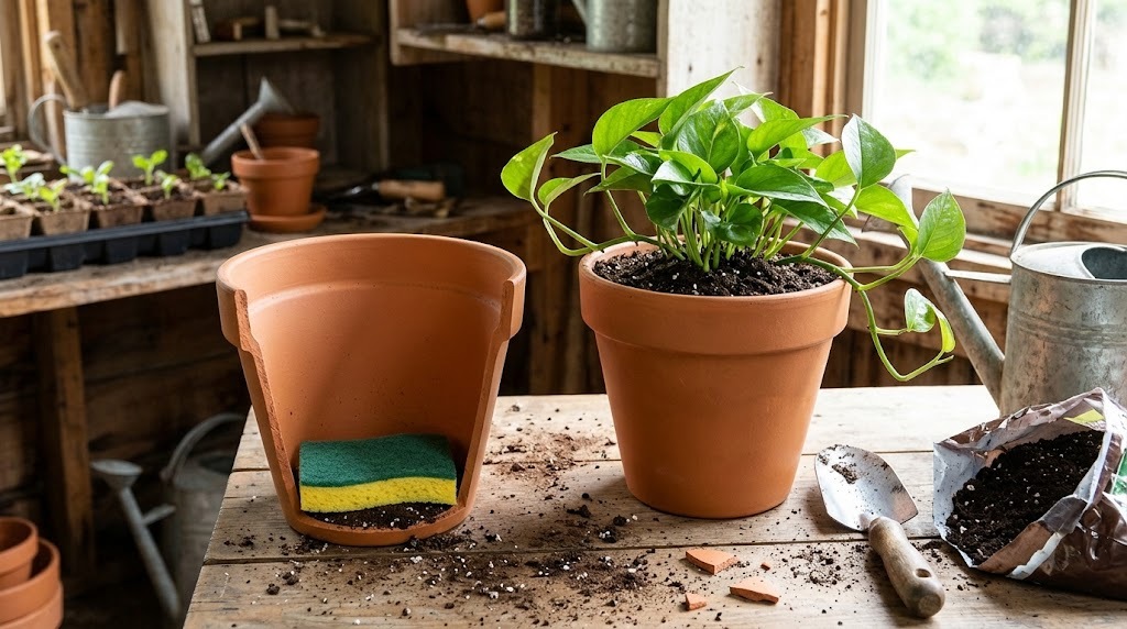 Sponge laid in the bottom of a terracotta pot as a moisture liner