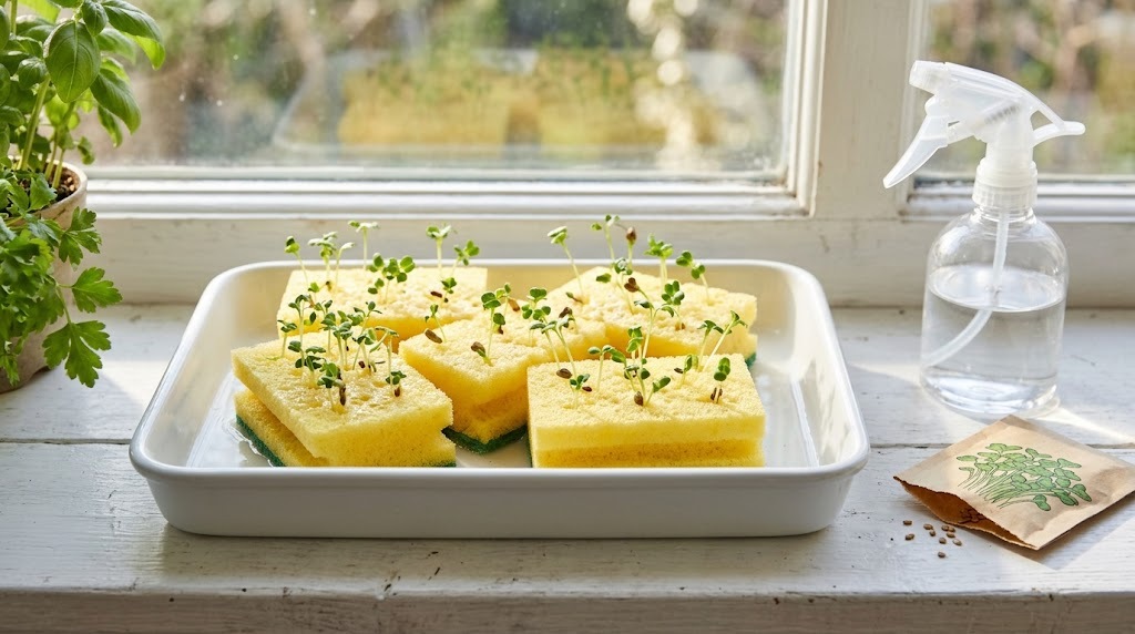Kitchen sponge hacks: damp yellow sponges with green sprouts growing in a white tray