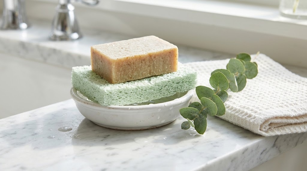 Bar of handmade soap resting on a green sponge in a white dish