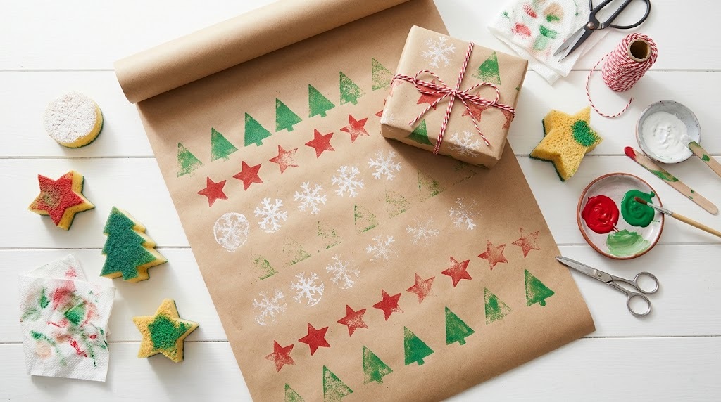 Kraft paper gift wrap stamped with sponge trees, stars and snowflakes