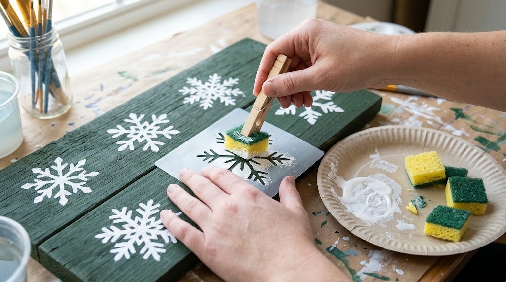 Sponge square in a clothespin dabbing white paint through a snowflake stencil