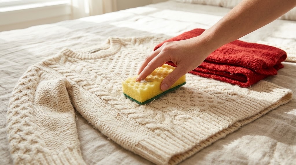 Dry sponge brushing lint off a cream cable knit sweater