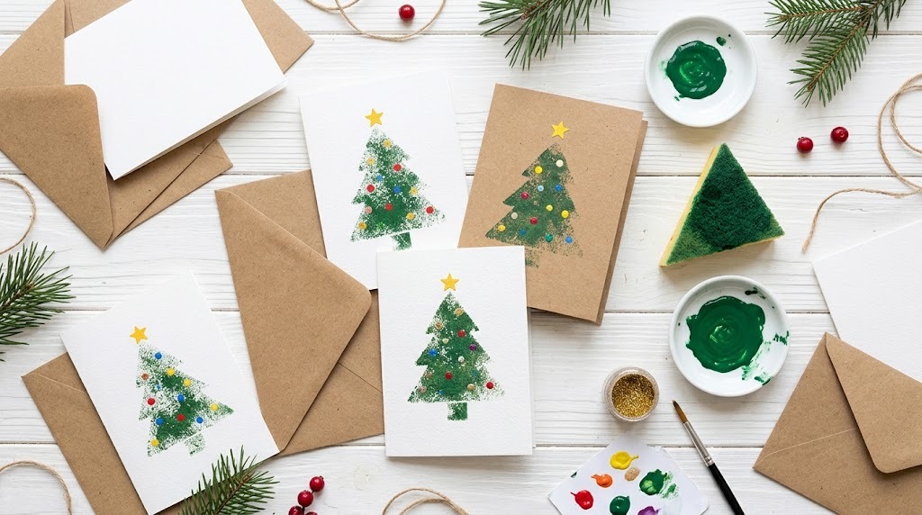 Handmade Christmas cards stamped with green sponge trees