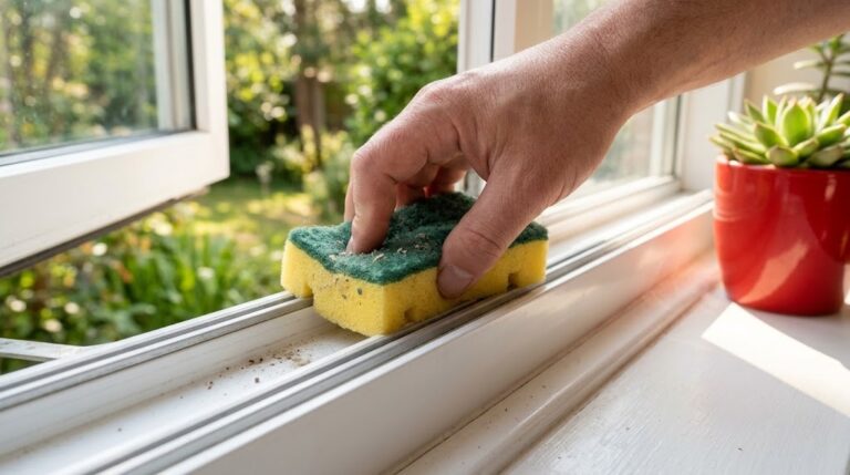 Kitchen sponge hacks: a hand sliding a yellow and green sponge along a sliding window track