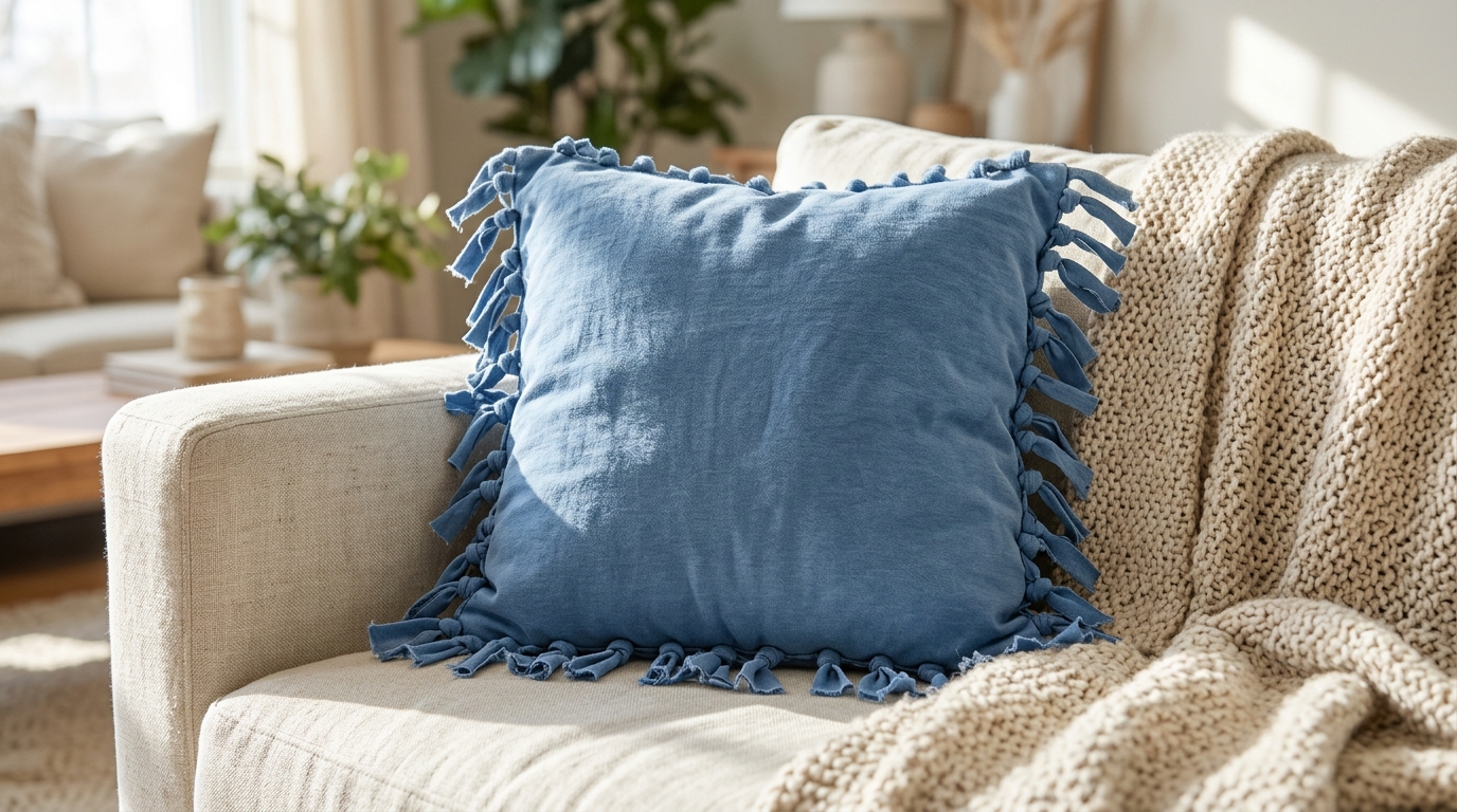 Throw pillow covered with a blue T-shirt and knotted fringe edges on a sofa
