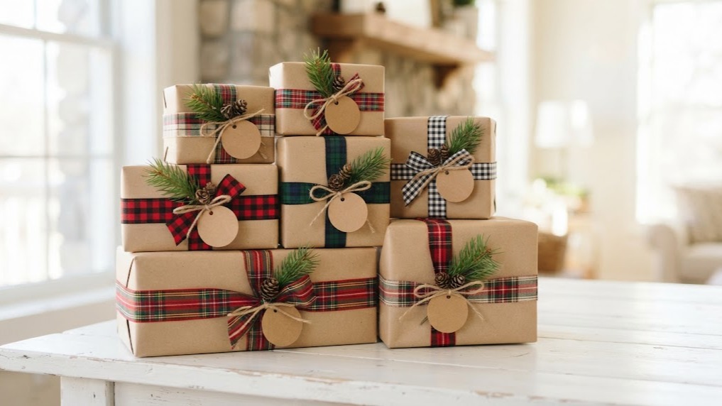 Kraft paper wrapped gifts tied with red, green and black and white plaid ribbons