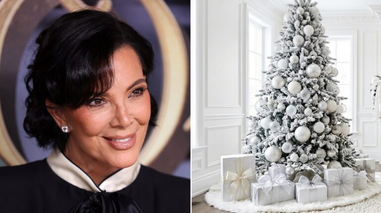 Kris Jenner Christmas inspired flocked white tree with oversized silver ornaments and white wrapped gifts, next to a photo of Kris Jenner