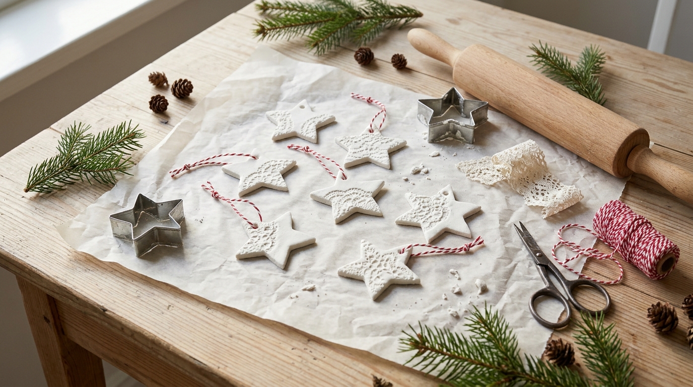 White air dry clay star ornaments with lace patterns and red and white twine on parchment paper