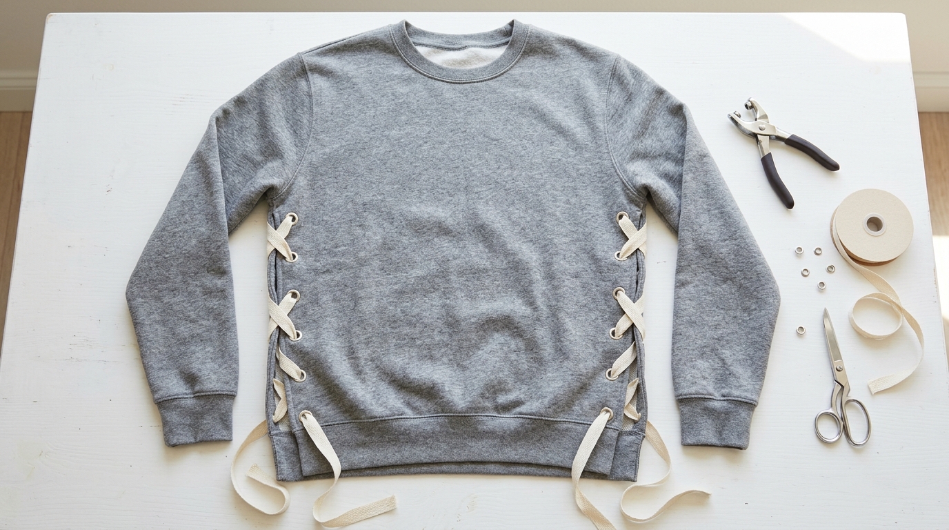 Gray sweatshirt with criss-cross ribbon lacing down the sides